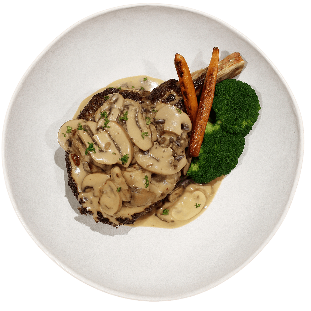 photo of steak and mushrooms plated beauifully