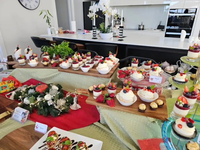 photo of the desert course for a party that chef siri made the deserts are layered cream desert with crucnhy biscuit on the bottom