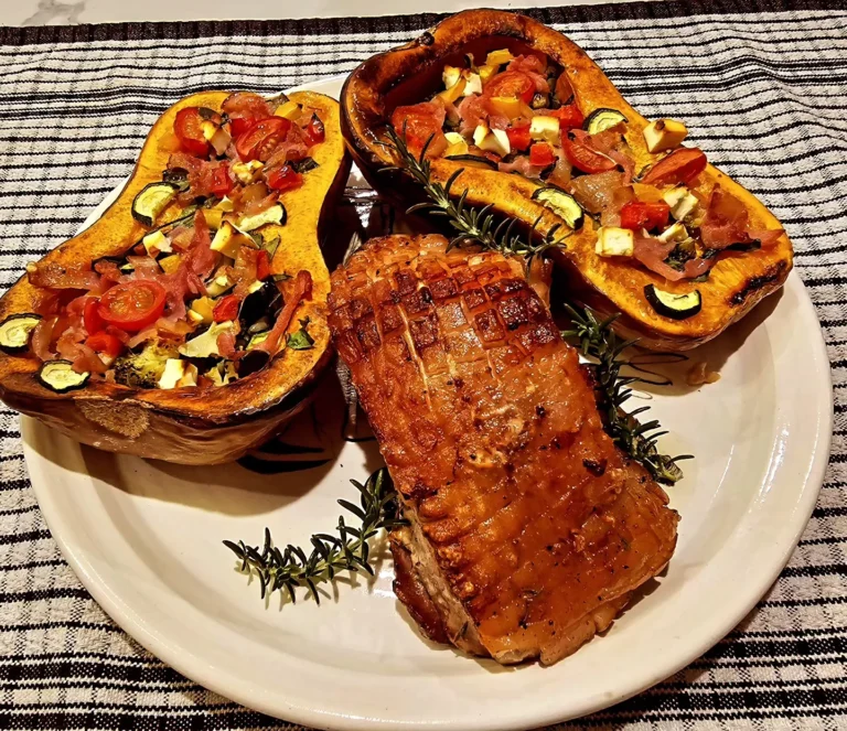 roast-pork-butternut-squash-stuffed-vegetables-herb-garnish