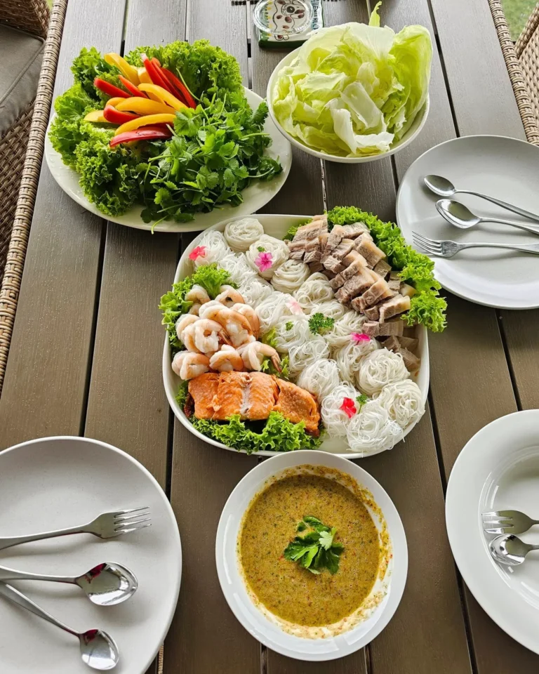 thai-style-sharing-platter-rice-noodles-prawns-salmon-fresh-herbs-lettuce-wrap