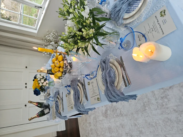 bachelorette-party-table-setting-blue-white-champagne-lemons-candles-chef-siri-menu